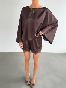 Siren Gaze Autumn/Winter New Brown Satin Shawl Lace Patchwork Shorts Set For Women - Apricot - View 5
