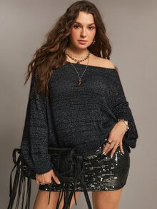 Freevana Plus Size Korean Style Gold & Silver Metallic Thread Long Sleeve Fashion Pullover Sweater - Grey - View 1