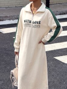 Mulvari Eggshell-Colored Collar Half-Zip Green Lettered Fleece Color-Block Long-Sleeved Casual Dress Fall/Winter - Apricot - View 6