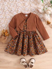 SHEIN Babygirl Cute Ditsy Floral Spaghetti Strap Dress & Knit Brown Cardigan Set - Red - View 6