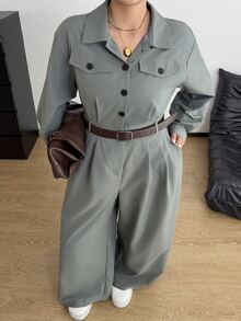 POPSWAY Jumpsuit utility casual nữ size lớn màu trơn tay dài cài nửa nút - Màu xanh bụi bặm - Xem 3