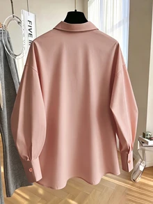 GlowEve CURVE 女款純色休閒寬鬆長袖襯衫，適合日常休閒、通勤與辦公穿著，優雅大方的女式襯衫，女款工作上衣，白色襯衫，工作襯衫 - 藕粉色 - 查看 2