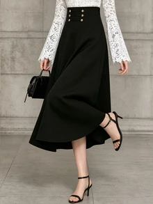 Velvienne Plus Size Women's Autumn/Winter Elegant Vintage Black Waist-Cinching A-Line Chinese Style Frog Button Decor Slimming Versatile Mid-Length Skirt - Black - View 4