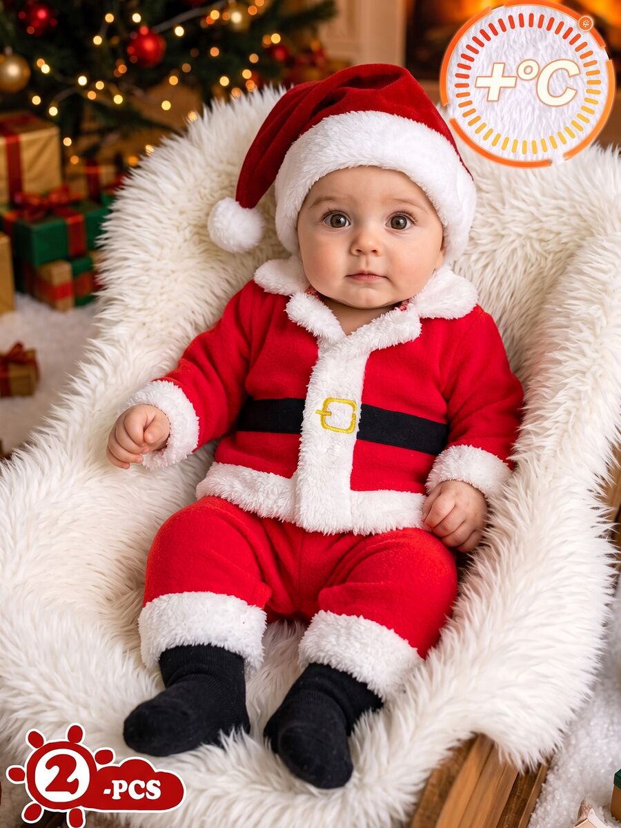 Cozy Pixies Newborn Colorblock Faux Fur Collar Top And Long Pants 2 Pieces Set, Suitable For Christmas,New Fall Styles - Red and White - View 1