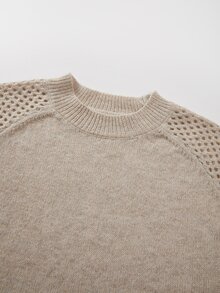 SHEIN Women Crew Neck Raglan Sleeve Knit Pullover, Hollow Out Mesh Knit Sleeve Solid Long Sleeve Slim‑Fit - Camel - View 8