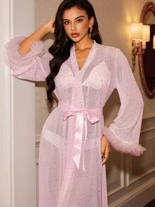 Slumberist Light Pink Scale Mesh Lace-Up Long Robe, V-Neck Flare Mesh Cuff Sheer Sexy Women's Nightgown - Pink - View 5