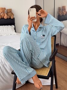 DAZY Women's Striped Single-Breasted Top And Pants Pajama Set - Blue - View 8