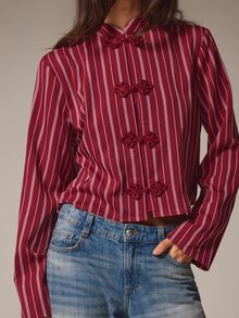 Athîral Women's Casual Burgundy Striped Frog Button Shirt, Suitable For Autumn Wear, Business Casual Or Professional Style - Burgundy - View 4