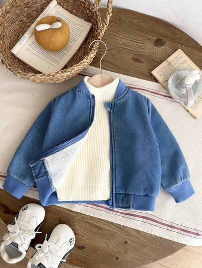 Vintaside Kids 1pc Toddler Boy Baby Boys Denim Bomber Jacket Preppy Cute Blue Zip Up Ribbed Trim Long Sleeve Ribbed Collar Thick Outdoor Fall Winter Plush