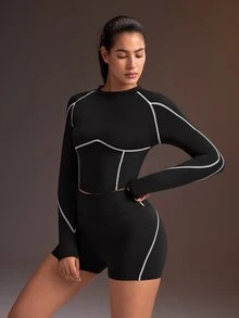 Powerista Women's Contrast Stitching Raglan Long Sleeve T-Shirt And Shorts Sports Set - Black - View 3