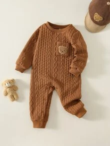 SHEIN Baby Boy Autumn/Winter Brown Cartoon Bear Patch Crew Neck Long Sleeve Romper Pants, Versatile Comfortable, Suitable For Holiday, Christmas, Halloween, Outings - Khaki - View 3