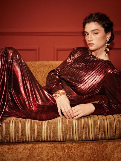 Arave Women's Dress A-Line Long Metallic Pleated Pleated Bodice Cuffed Sleeve Fishtail Hem Elegant Burgundy Elegant Long Dress Evening Dress Christmas