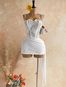 Soleia Temperament White Ruched Cami Dress, Body-Hugging Figure-Flattering -Back Short Dress - White - View 1