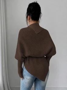 Breezaya Women's Batwing Sleeve Asymmetrical Tie Cape Knit Sweater - Brown - View 2