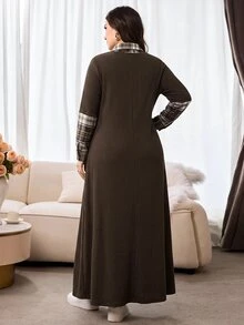 Al Najma Plus Size Women's Patchwork Plaid Collar Long Sleeve Arabian Dress - Multicolor - View 2