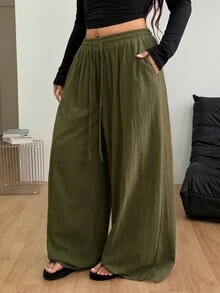 Coolane 女款大尺碼夏秋外出度假正裝休閒優雅波西米亞風套裝 棉質抽繩腰橄欖綠長褲 - 軍綠色 - 查看 4
