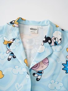 THE POWERPUFF GIRLS X SHEIN Tween Girl Cartoon Print Short Sleeve Top And Shorts Casual Daily Home Sleepwear Set - Blue - View 3