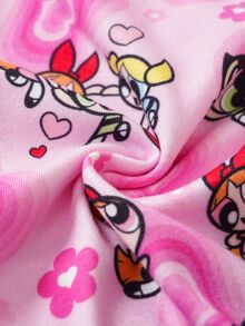 THE POWERPUFF GIRLS X SHEIN 女嬰卡通圖案短袖上衣與長褲休閒日常居家睡衣套裝 - 粉色 - 查看 8