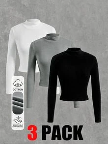 SHEIN EZwear 家庭套裝純色半高領保暖長袖T恤 3件組 - 彩色 - 查看 1