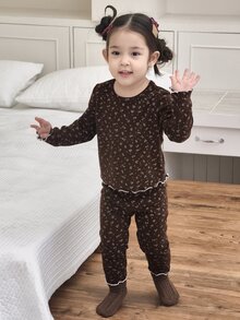 DAZY Infant/Toddler (Girl) Hooded All-Over Print Korean Style Long Sleeve 2 Pieces Loungewear Set - Coffee Brown - View 11