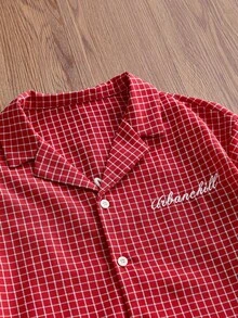 SWAVVY 男士字母刺繡拼接格紋 2 合 1 長袖休閒襯衫 - 紅色 - 查看 5