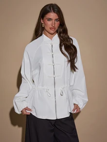 SHEIN BAE جاكيت نسائي أنيق بأزرار على شكل ضفدع وخصر مشدود وأكمام طويلة - لون مشمشي - مشاهدة 5