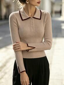 SHEIN 女款拼色 Polo 領長袖休閒百搭針織衫 - 駝色 - 查看 5