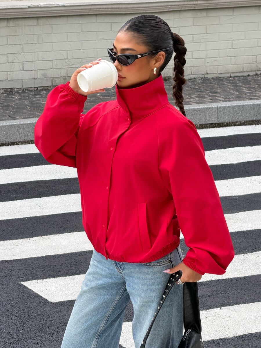 Muchica Women's Red Funnel Neck Snap Button Jacket, Lightweight Long Sleeve Windbreaker With Elastic Cuffs & Pockets For Chic Fall Winter Streetwear Outfits - Red - View 1