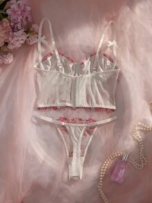Crystal Vow 2件組 酒紅色玫瑰刺繡鋼圈內衣與內褲套裝 女款 - 粉色 - 查看 2