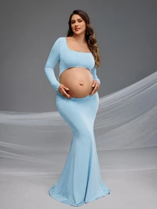 Cheriluna Maternity Maternity Mermaid Hem Dress - Baby Blue - View 1