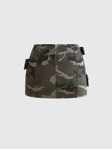 ROMWE Grunge Punk Y2K Vintage Punk Heavy Metal Rivet & Eyelet Belt Decor Women's Denim Mini Skirt - Green - View 2