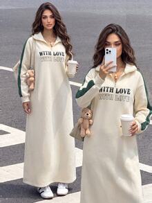 Mulvari Eggshell-Colored Collar Half-Zip Green Lettered Fleece Color-Block Long-Sleeved Casual Dress Fall/Winter - Apricot - View 5