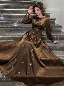 Yasmyna Women Spring Fall Winter Elegant Slim Fit Modest Dark Brown Satin Round Neck Beaded Rhinestone Long Sleeve Fitted Waist Flowy MaxiDressForBanquetParty - Coffee Brown - View 6
