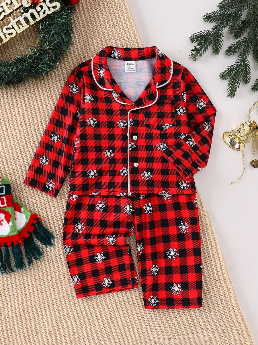 SHEIN 2pcs Set Piyama Bayi Laki-laki Motif Kotak-kotak Natal - MultiWarna - View 1