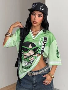 Coolane THE POWERPUFF GIRLS X SHEIN Plus Size Cartoon Print Contrast Color Short Sleeve Mesh T-Shirt - Multicolor - View 3