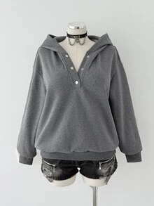 Sunspun Plus Size Button Half-Placket Long Sleeve Hooded Sweatshirt - Dark Grey - View 6