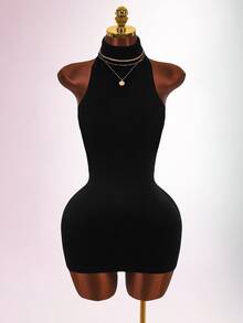 Amplova Women's Knit Long Sleeve Backless Fitted Bodycon Mini Dress With Flare Sleeves - Black - View 8