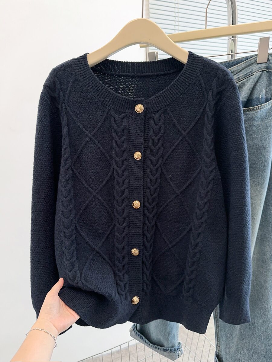 GlowEve CURVE Plus Size Women's Diamond Lattice Pattern Rope Detail Fashion Casual Elegant Pullover Knit Sweater Cardigan Solid Color Long Sleeve Button-Up Winter - Royal Blue - View 1