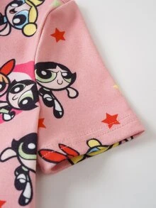 THE POWERPUFF GIRLS X SHEIN 女童圓領短袖上衣與長褲居家休閒套裝 - 粉色 - 查看 5