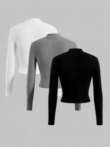 SHEIN EZwear 家庭套裝純色半高領保暖長袖T恤 3件組 - 彩色 - 查看 2