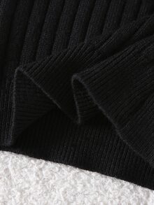 SHEIN Vintaside Kids 女嬰針織長袖套頭毛衣，荷葉領羅紋領口，適合秋冬，白色/奶油色純色，百搭日常穿著，時尚款，適合日常穿著、外出與旅行 - 黑色 - 查看 5