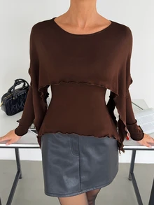 Siren Gaze Women's Solid Color Faux Two-Piece Patchwork Casual Daily Long Sleeve T-Shirt - Brown - View 4
