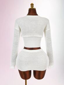 Amplova Women's Lace Patchwork Deep V-Neck Long Sleeve Top And Knit Mini Skirt 2 Pieces Set - White - View 2