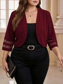 Reflora Plus Size Vintage Mesh Patchwork Jacket For Office And Commute - Burgundy - View 6