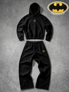 BATMAN X SHEIN Manfinity EMRG Men's Cartoon Embroidered Long Sleeve Hoodie And Sweatpants Casual Set - Black - View 1
