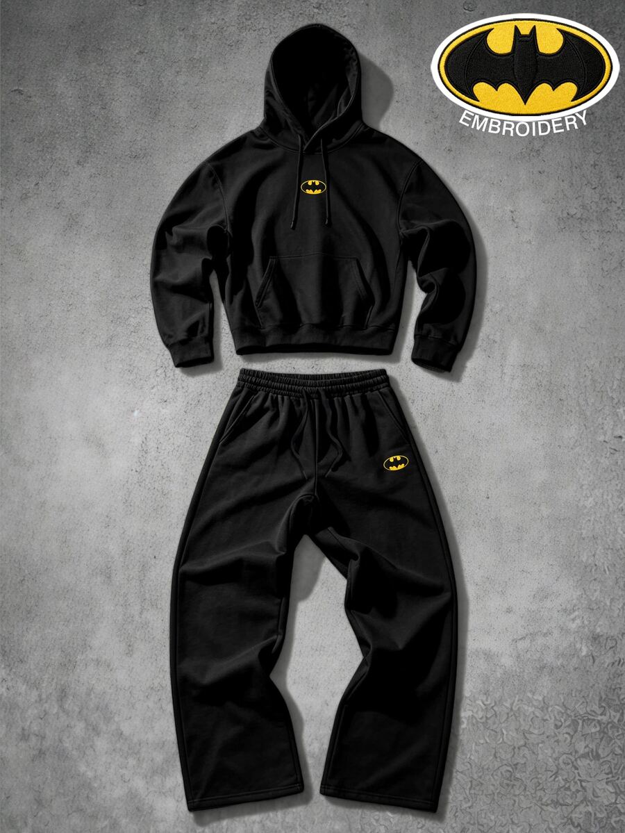 BATMAN X SHEIN Manfinity EMRG Men's Cartoon Embroidered Long Sleeve Hoodie And Sweatpants Casual Set - Black - View 1