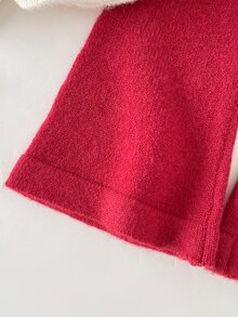 SHEIN 女嬰針織3D蝴蝶結與愛心圖案圓領毛衣長褲兩件套，適合秋冬聖誕節 - 紅白色 - 查看 5