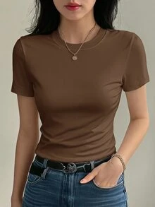 DAZY Solid Color Round Neck Fitted Short Sleeve Base Layer T-Shirt For Women - Coffee Brown - View 1