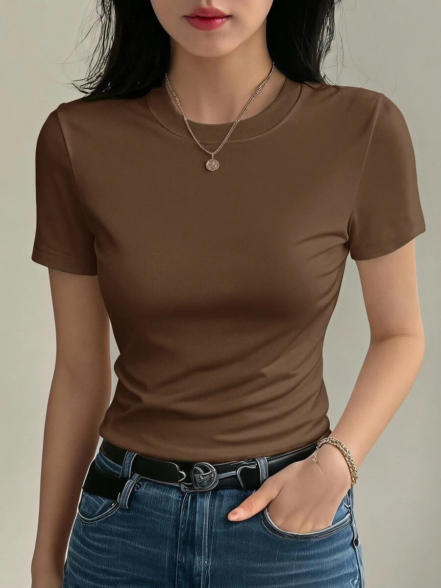 DAZY Solid Color Round Neck Fitted Short Sleeve Base Layer T-Shirt For Women - Coffee Brown - View 1