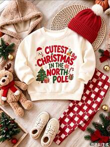 1 Set Baby Girls Cute Christmas Pattern Printed Fuzzy Crew Neck Long Sleeve Sweatshirt Pullover And Matching Bow Print Leggings Set, Suitable For Autumn/Winter - Multicolor - View 2